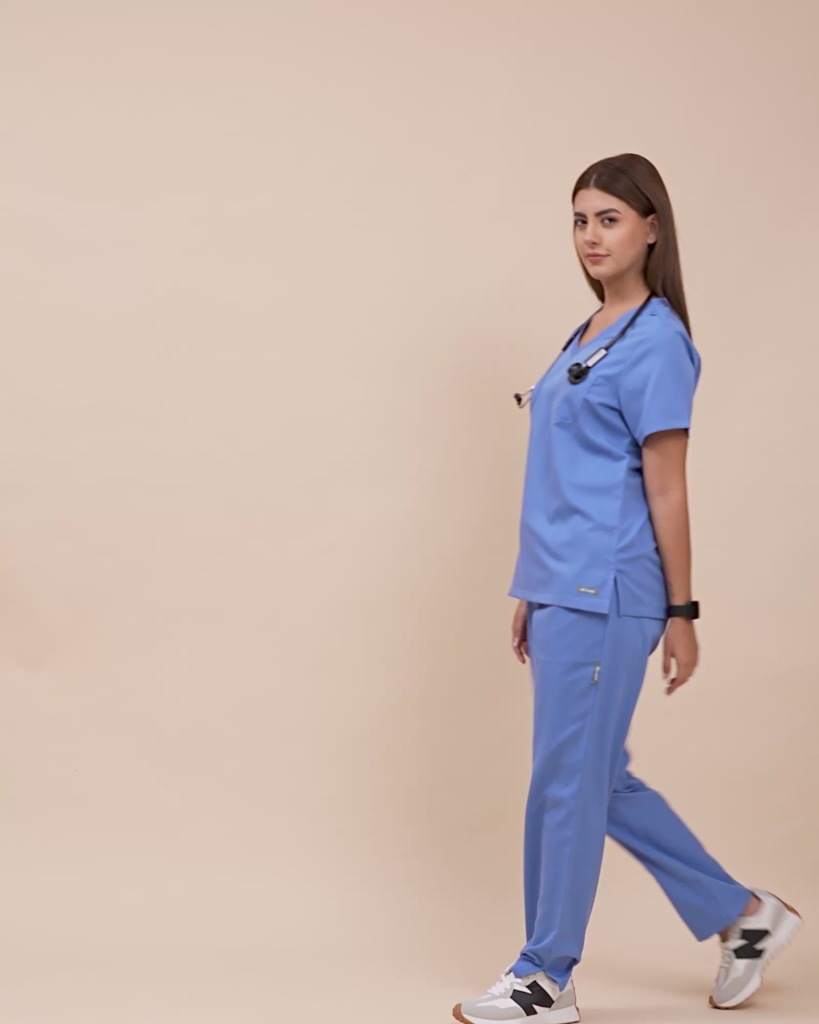 Load video: Women&#39;s V-Neck Short Sleeve CF Pocket Scrub Top